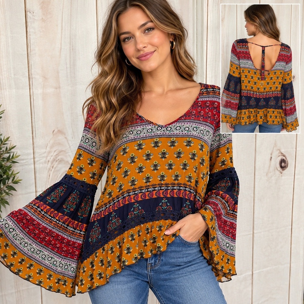 Patrons of Peace Boho Bell Sleeve Open Back Peace Sign Print Blouse Small